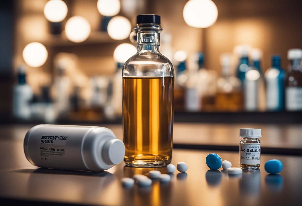 Focalin and alcohol bottles on a table, with a pill bottle nearby. Bright lighting and a clear focus on the items