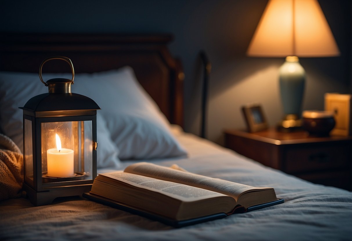 A cozy bedroom with a warm, inviting atmosphere. A person peacefully sleeping in bed, with a book on the nightstand titled "How to Stop Alcohol Insomnia."