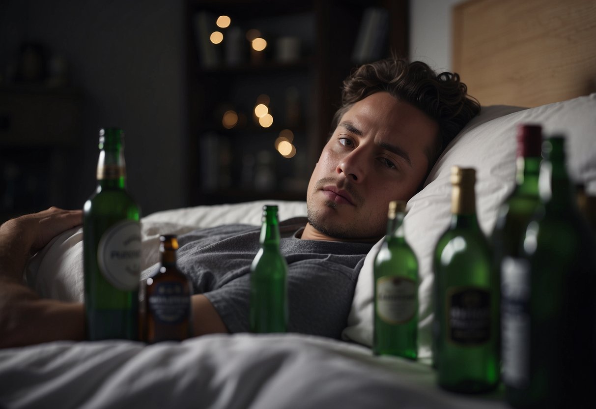 A person lies awake in bed, surrounded by empty alcohol bottles. They toss and turn, unable to sleep, their mind racing with thoughts