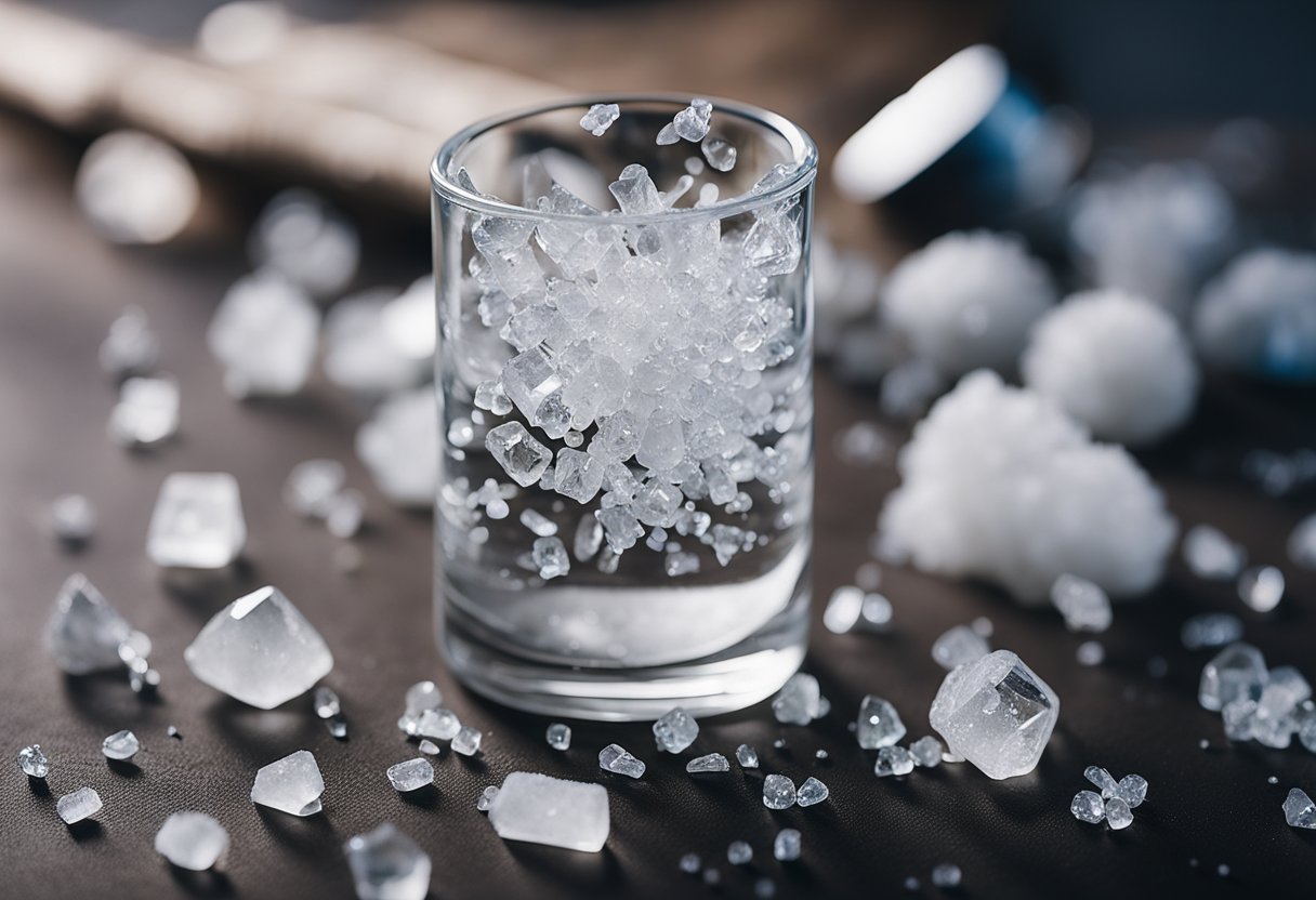 A shattered glass pipe lies next to a pile of white powder and crystals on a table