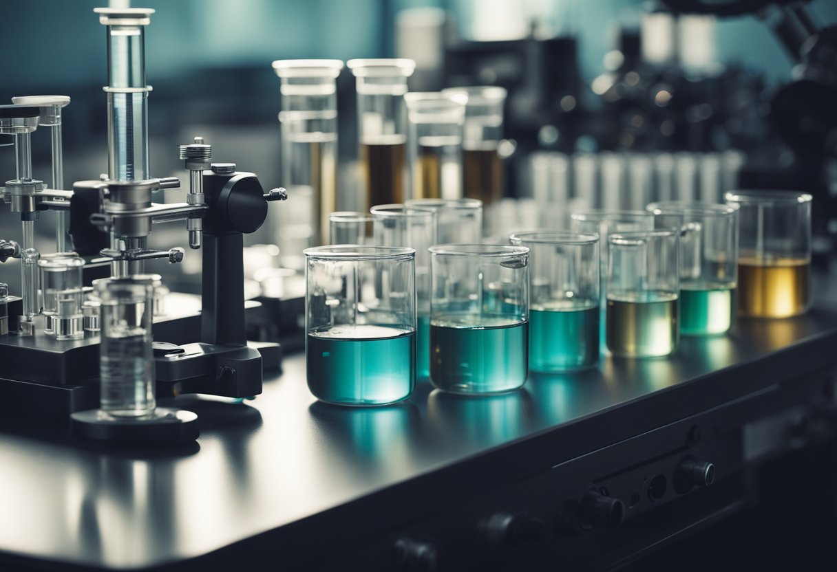 A lab table with beakers and test tubes, each containing different chemical compounds. A scale and microscope sit nearby
