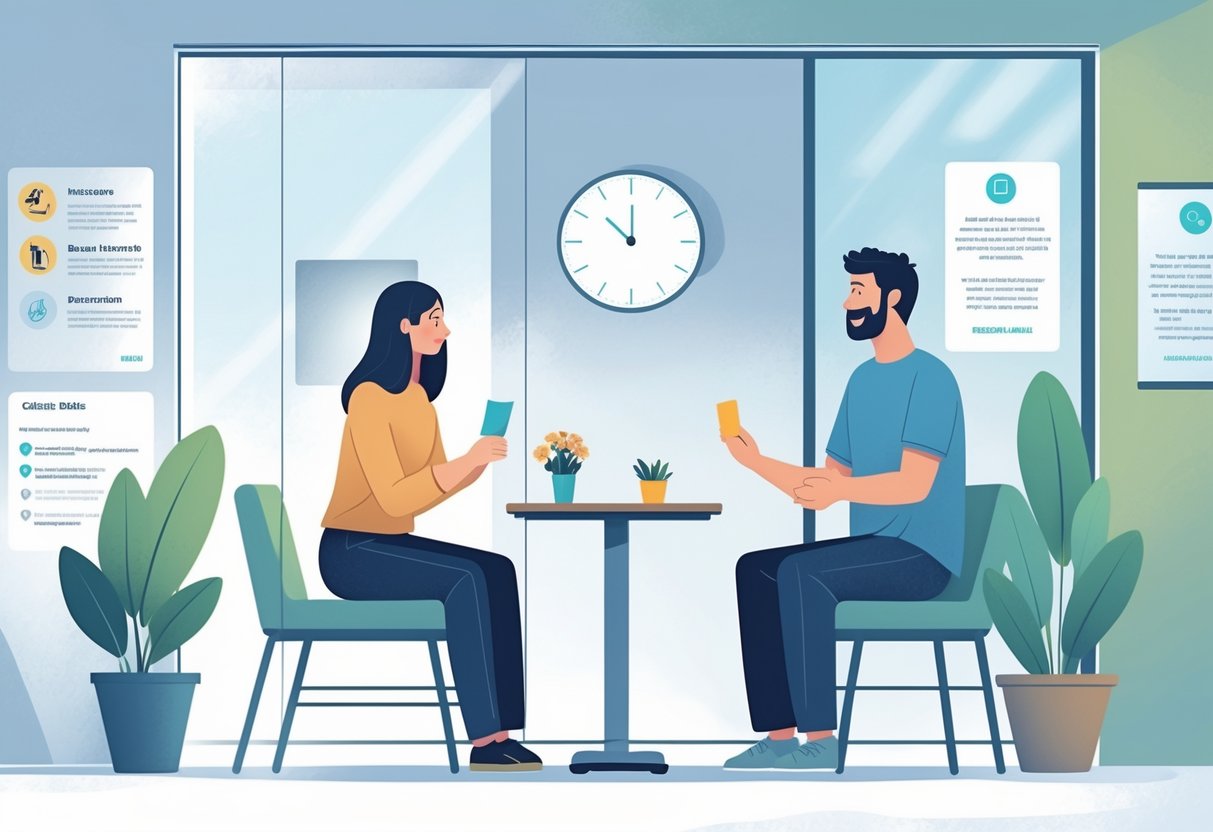 A visitor and a person in rehab sitting across a glass partition at a small table inside a rehab facility, sharing a calm and supportive moment.