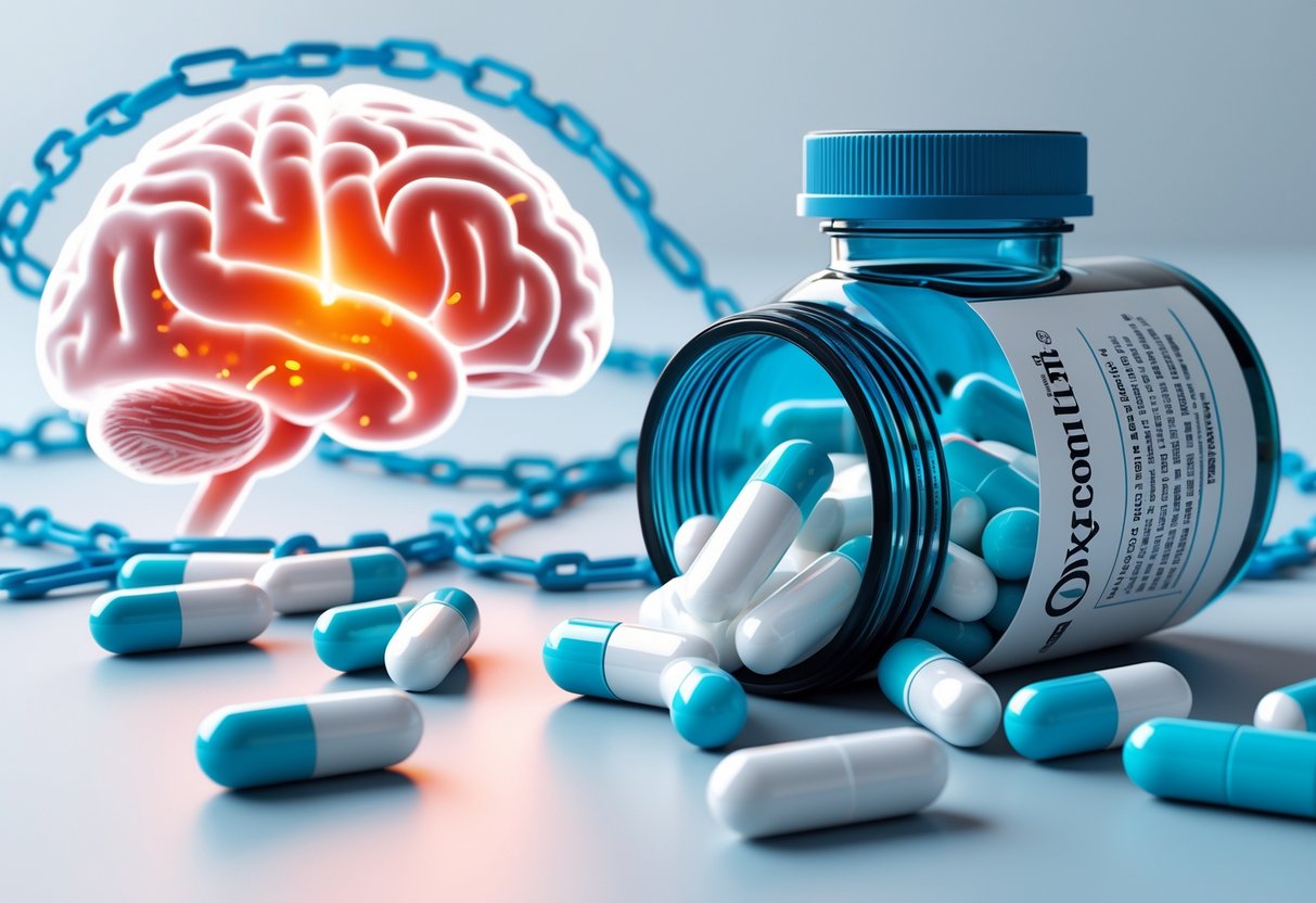 A close-up of a prescription pill bottle with capsules spilling out, alongside a translucent human brain highlighting addiction areas and faint chains symbolizing dependency.