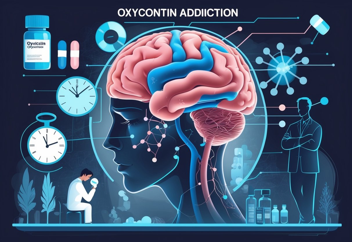 Illustration showing a human brain with highlighted areas, surrounded by symbols like a pill bottle, a stressed person, a clock, a family, and a medical professional, representing factors influencing Oxycontin addiction.