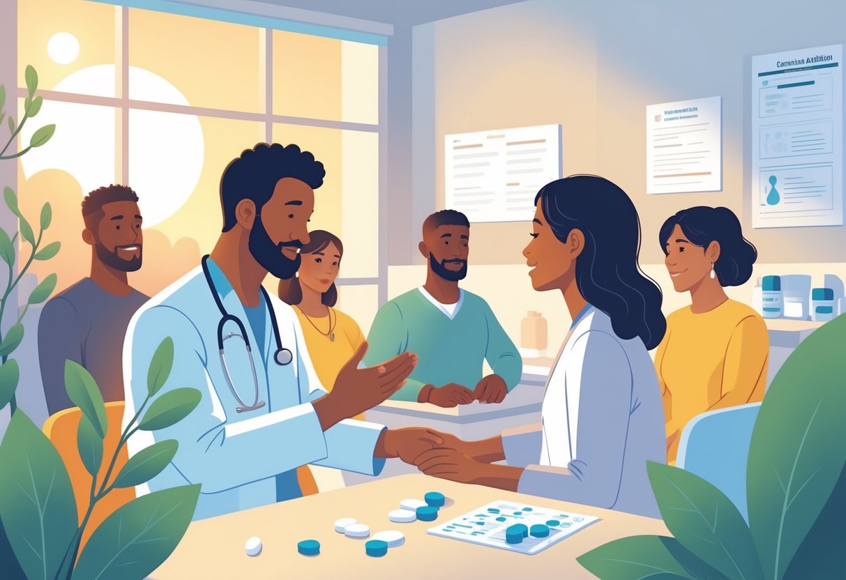 A healthcare professional talks supportively with a patient in a calm counseling center, surrounded by symbols of hope and healing.