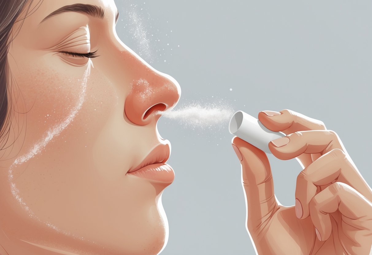 Close-up side view of a person snorting white powder through one nostril, showing the powder entering the nasal passage.