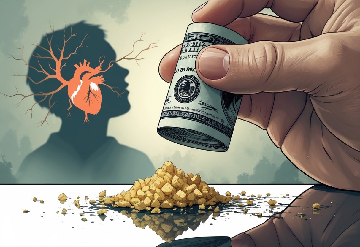 Close-up of a hand holding a rolled-up bill near the nose with a small pile of crystalline substance, surrounded by visual symbols of health damage like cracked skin, bloodshot eyes, and shadowy images of a heart, brain, and distressed person.