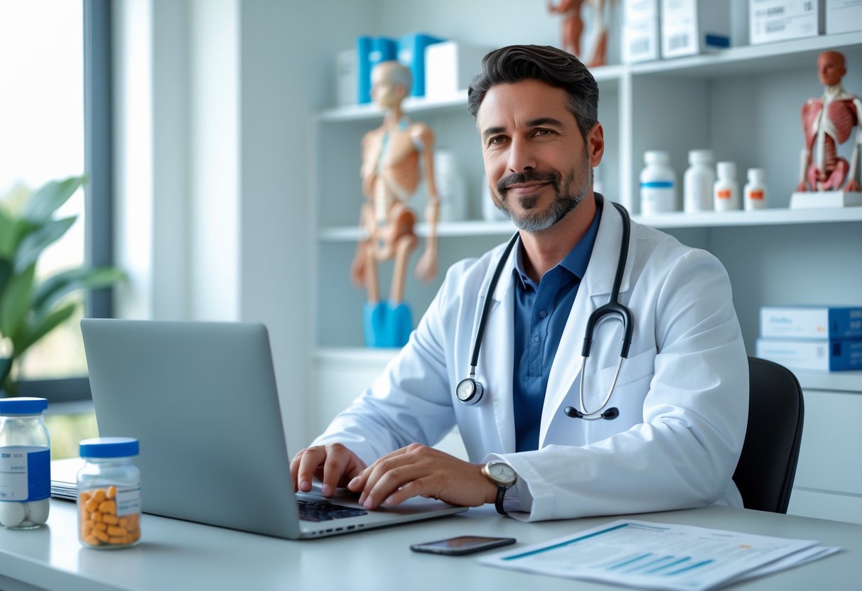 A healthcare professional in a white lab coat sitting at a desk with pill bottles and a laptop in a medical office.