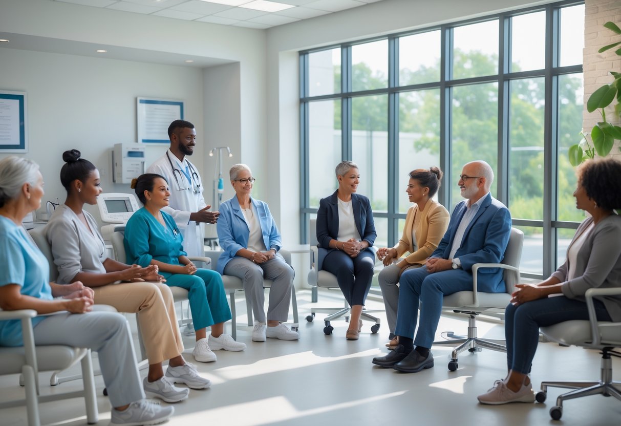 A diverse group of patients and healthcare professionals interacting in a bright outpatient treatment center during therapy and consultations.