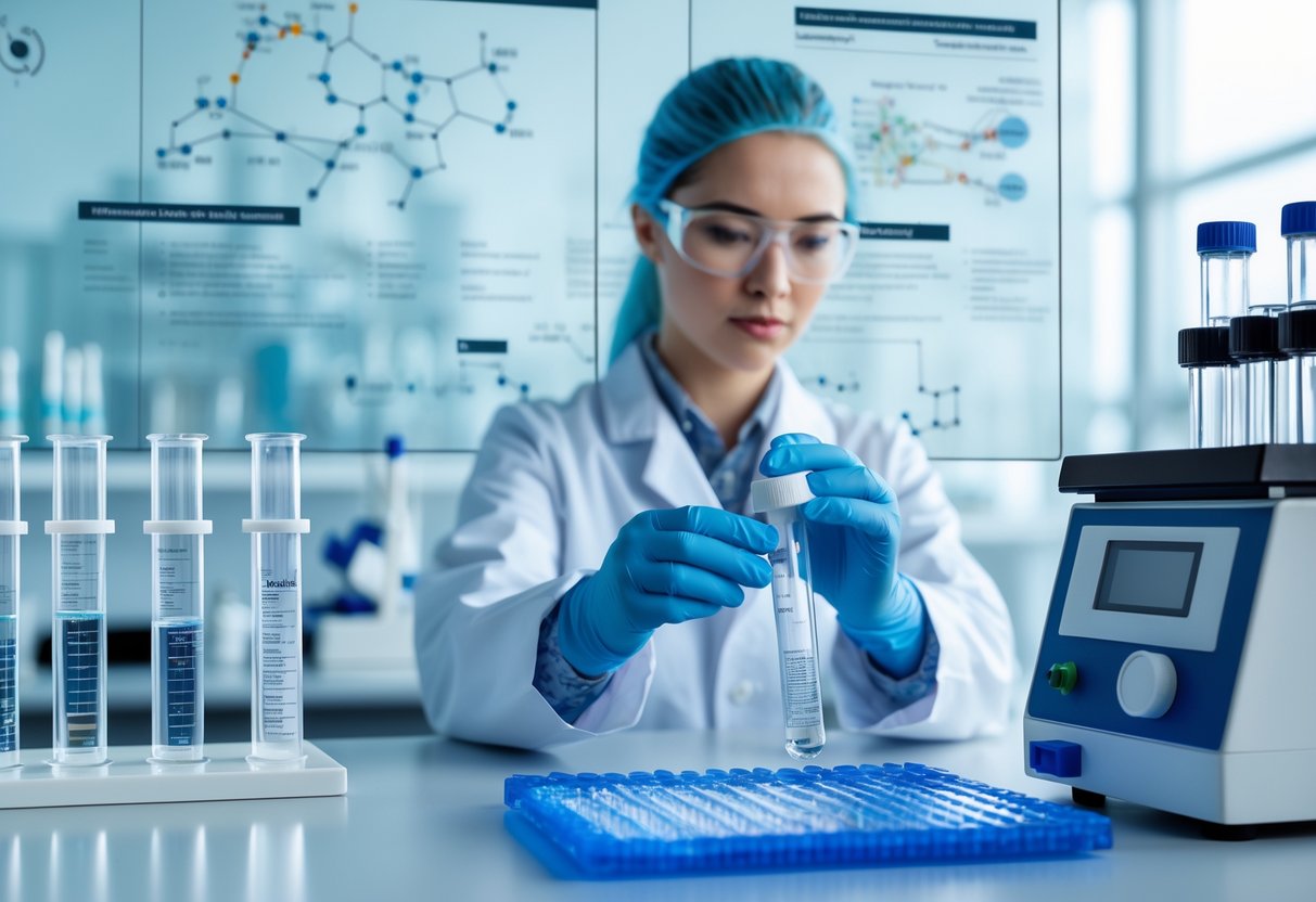 A scientist in a lab coat working with urine samples and laboratory equipment in a modern lab focused on drug analysis.